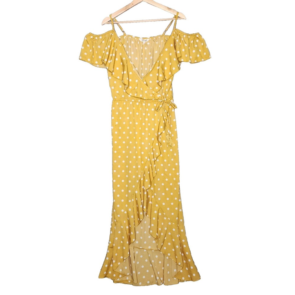 Womens Boho Wrap V Neck Long Maxi Dress Summer Yellow Polka Dot Holiday Sundress